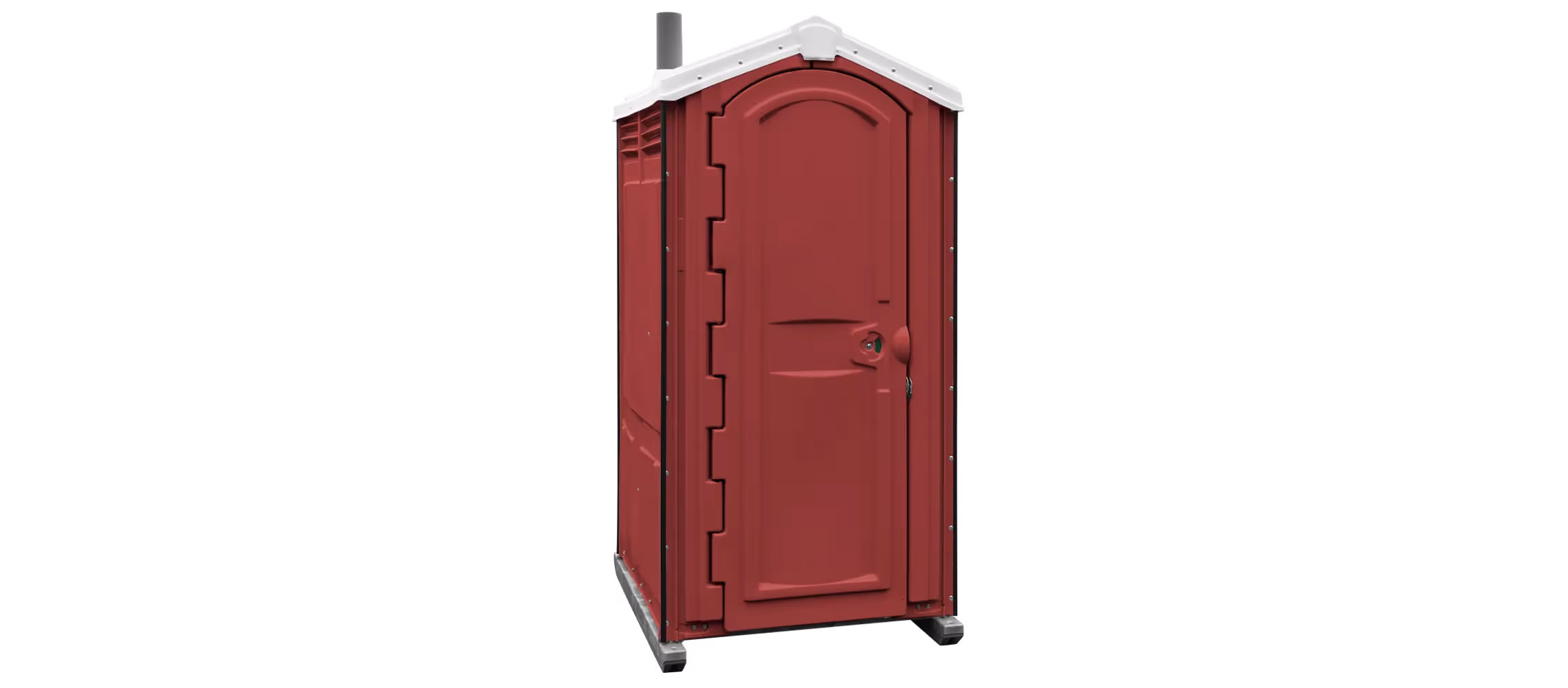 Maroon portable toilet with a sloped roof and a front door.