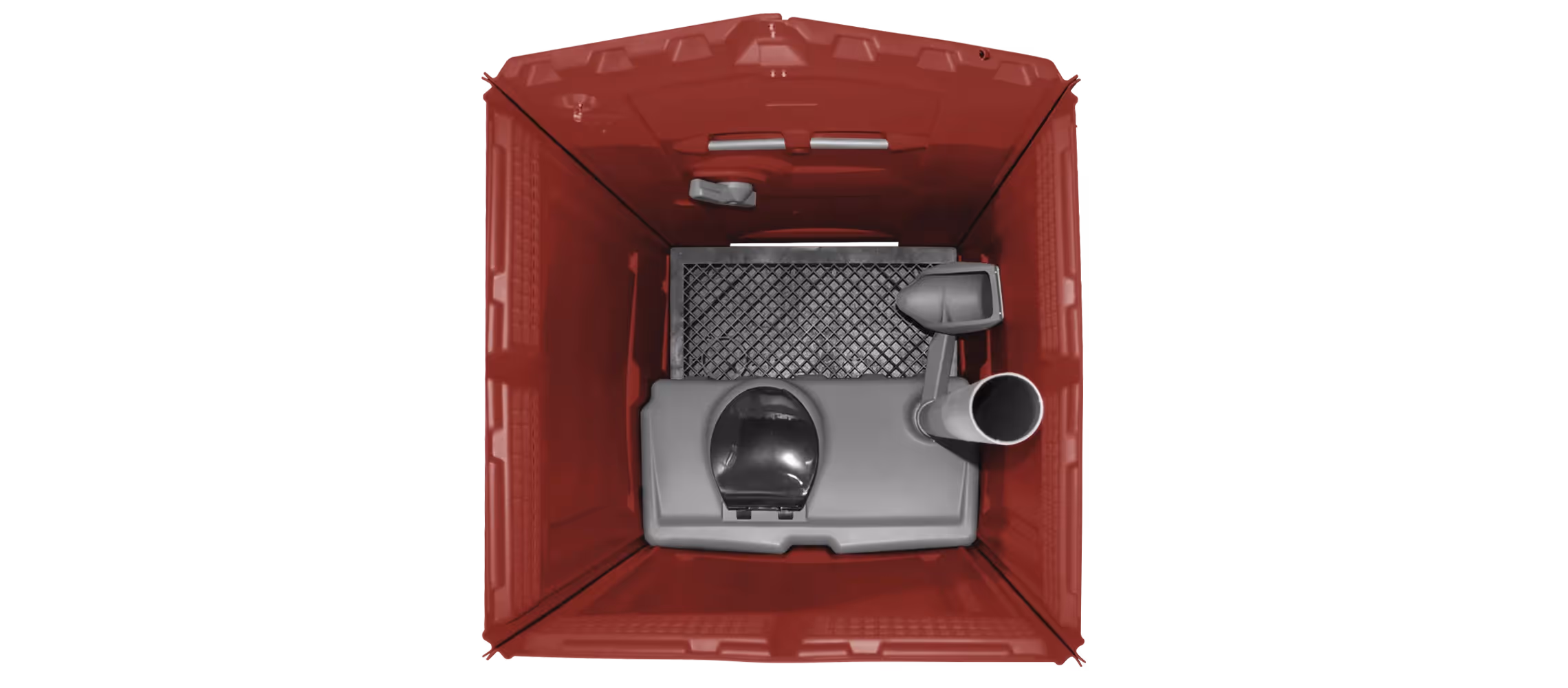 Top view of a maroon portable restroom with a toilet, urinal, and hand sanitizer dispenser.