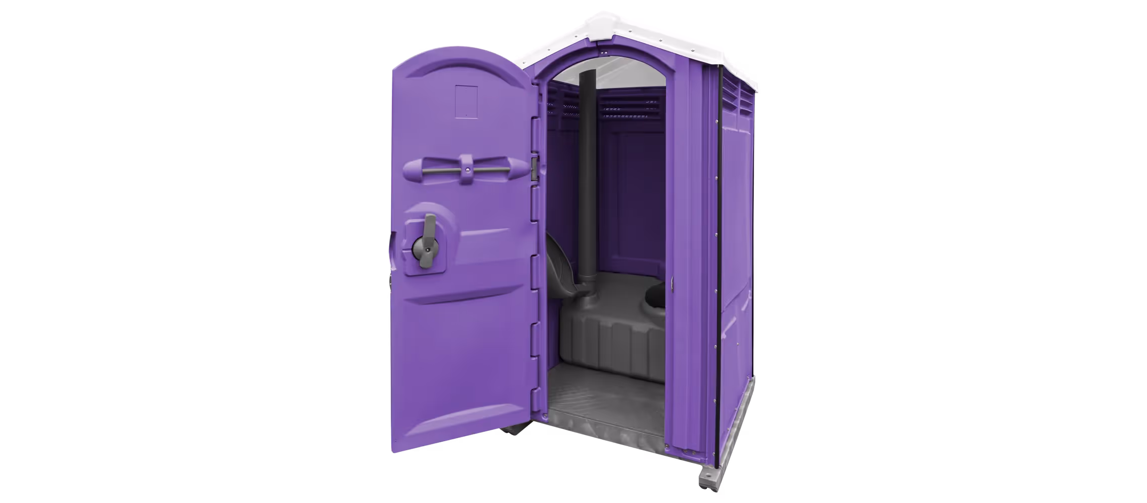 Purple portable toilet with an open door, featuring a simple interior design.