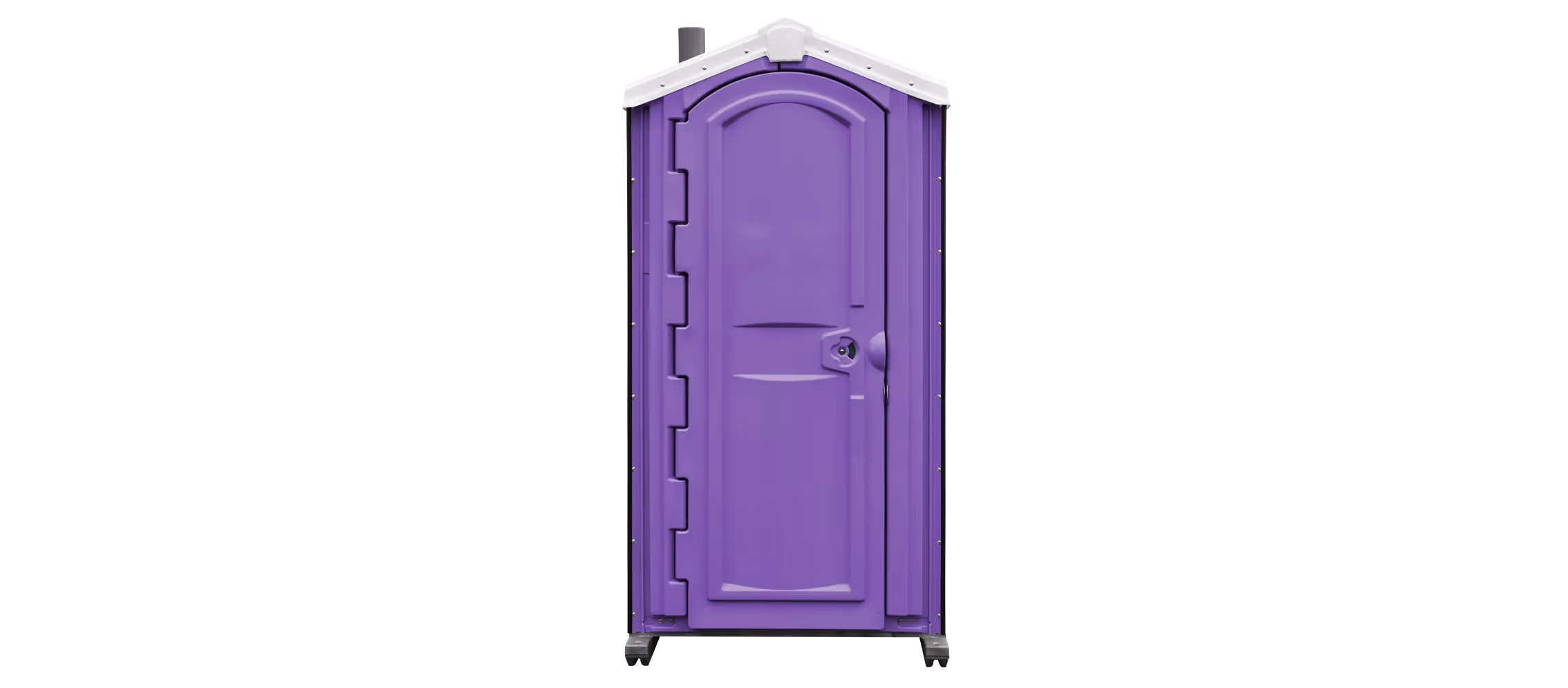 Purple portable toilet with a curved door design and a white roof.