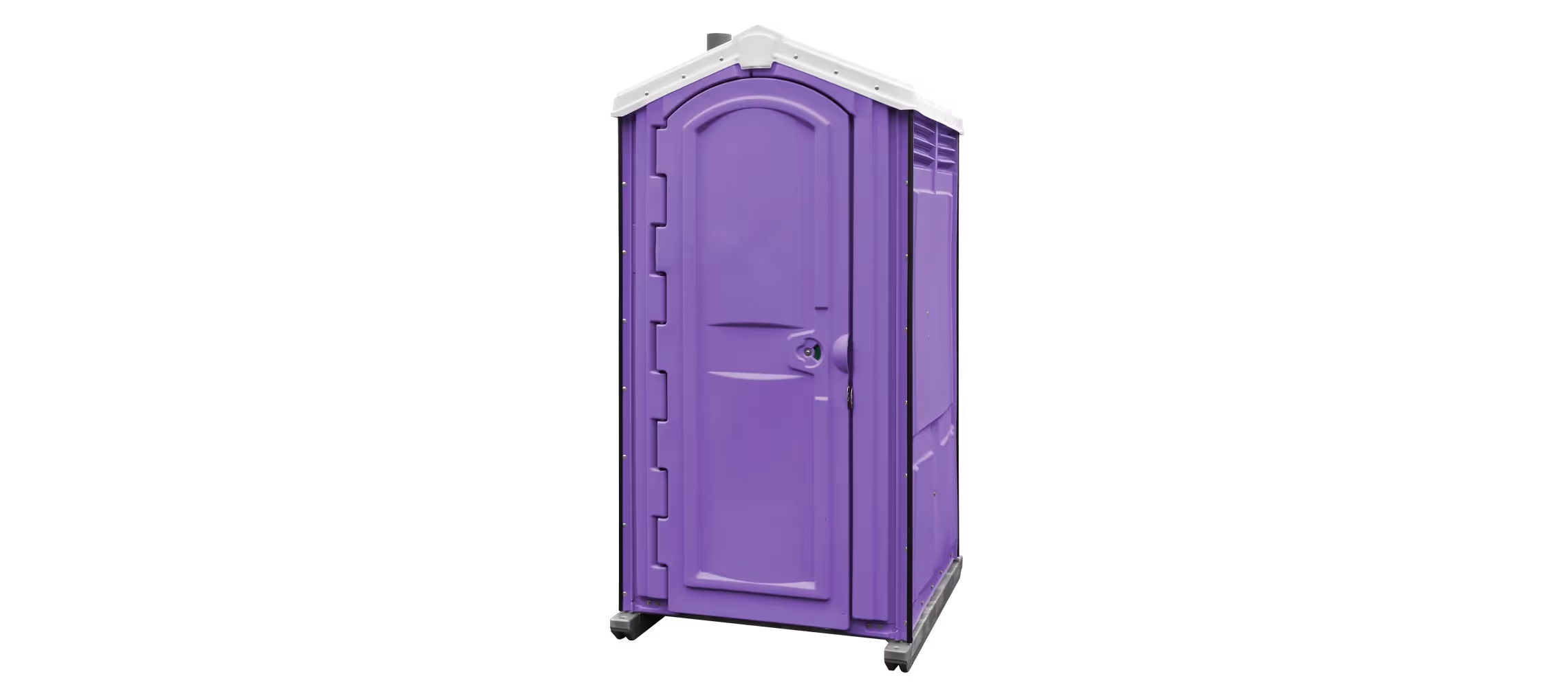 Purple portable toilet with a single door and a sloped roof. Positioned on wheels.
