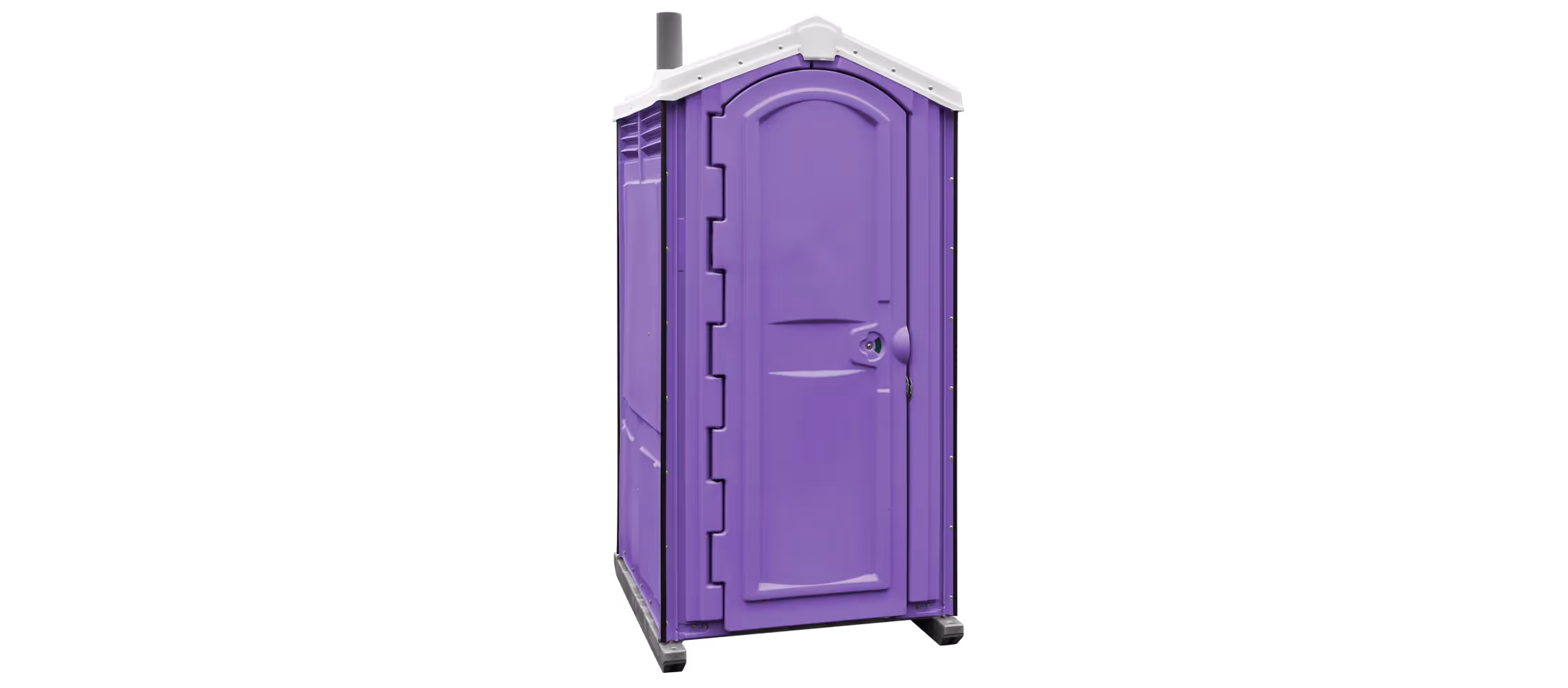 Purple portable toilet with a standard design and a door handle, set against a black background.