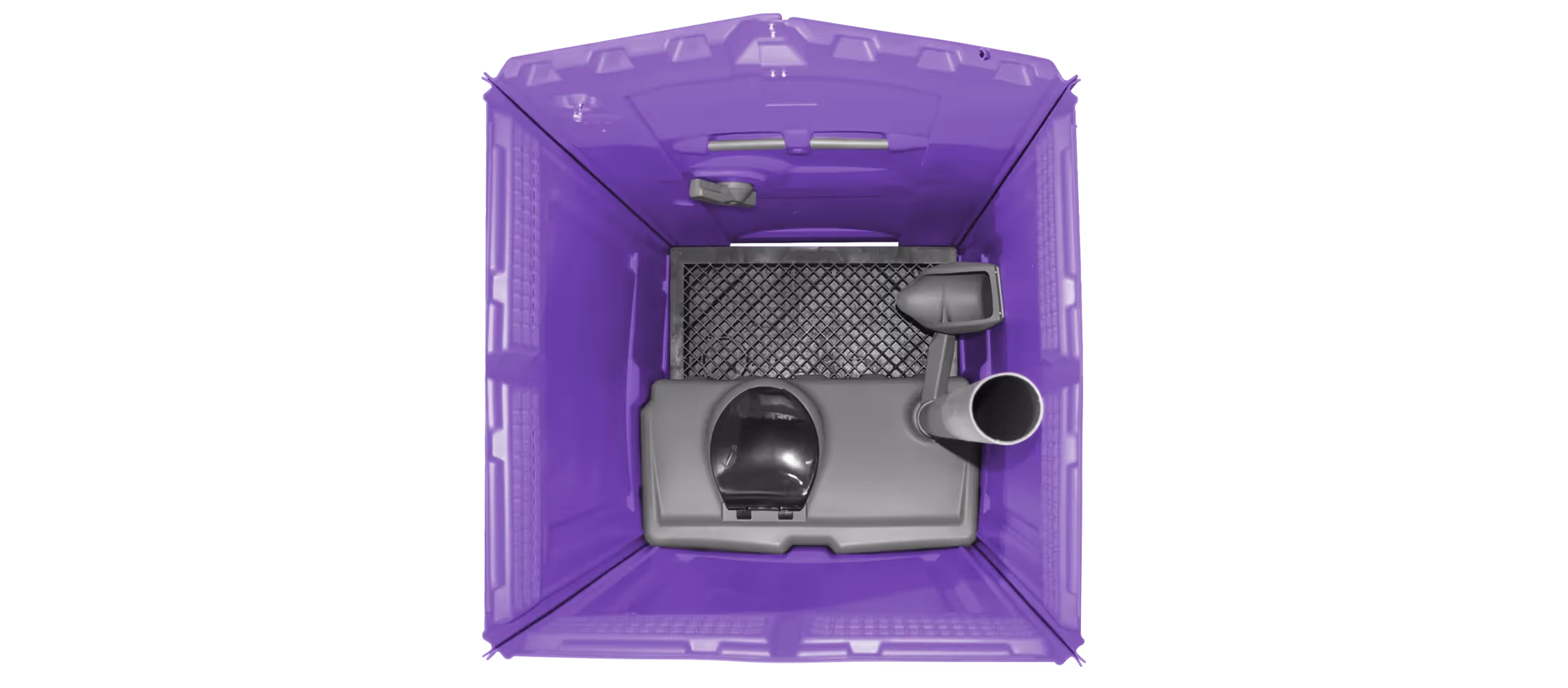 Top view of a purple portable toilet, featuring a black seat and a gray waste pipe.