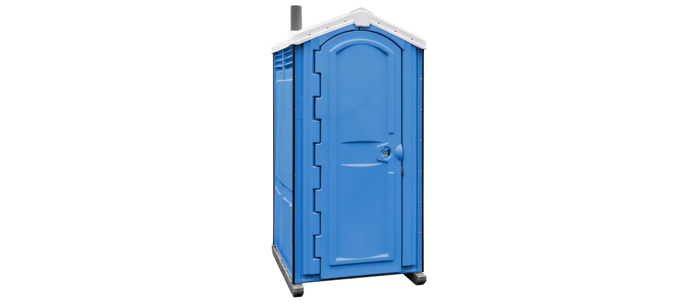 A blue portable toilet with a peaked roof and a sliding door on wheels.