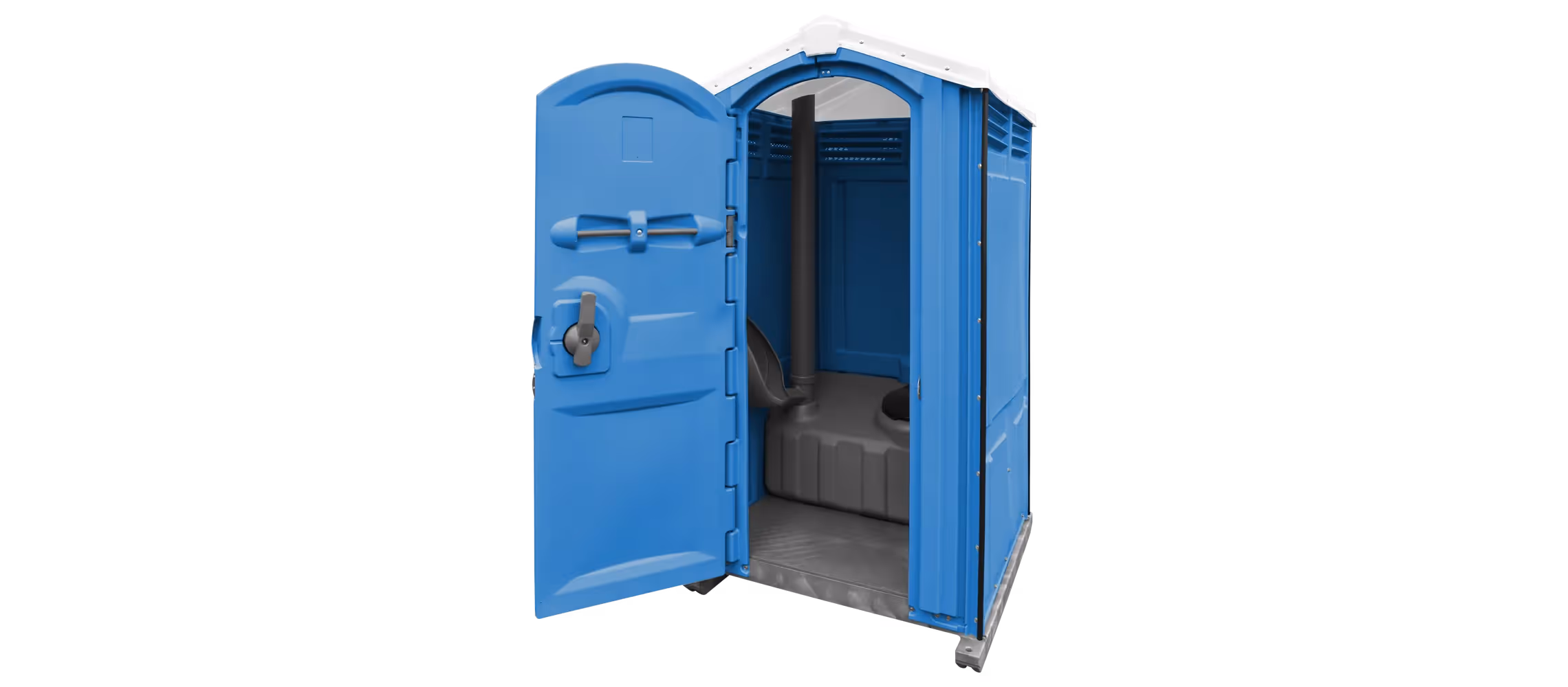 Royal blue portable toilet with an open door, showing interior design and no visible items.
