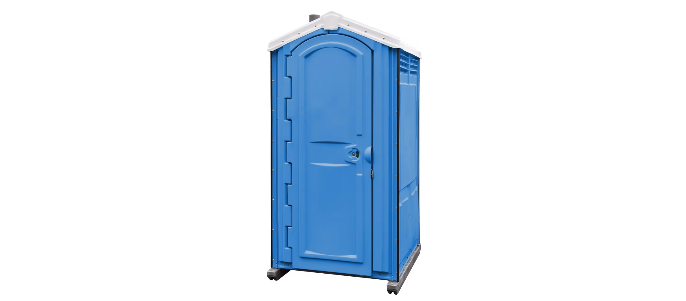 Portable blue restroom with a gray roof and a door, set on wheels for mobility.