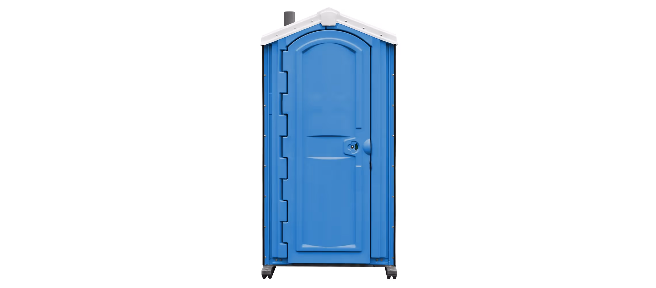 Royal blue portable toilet with a peaked roof and a door lock, set against a black background.
