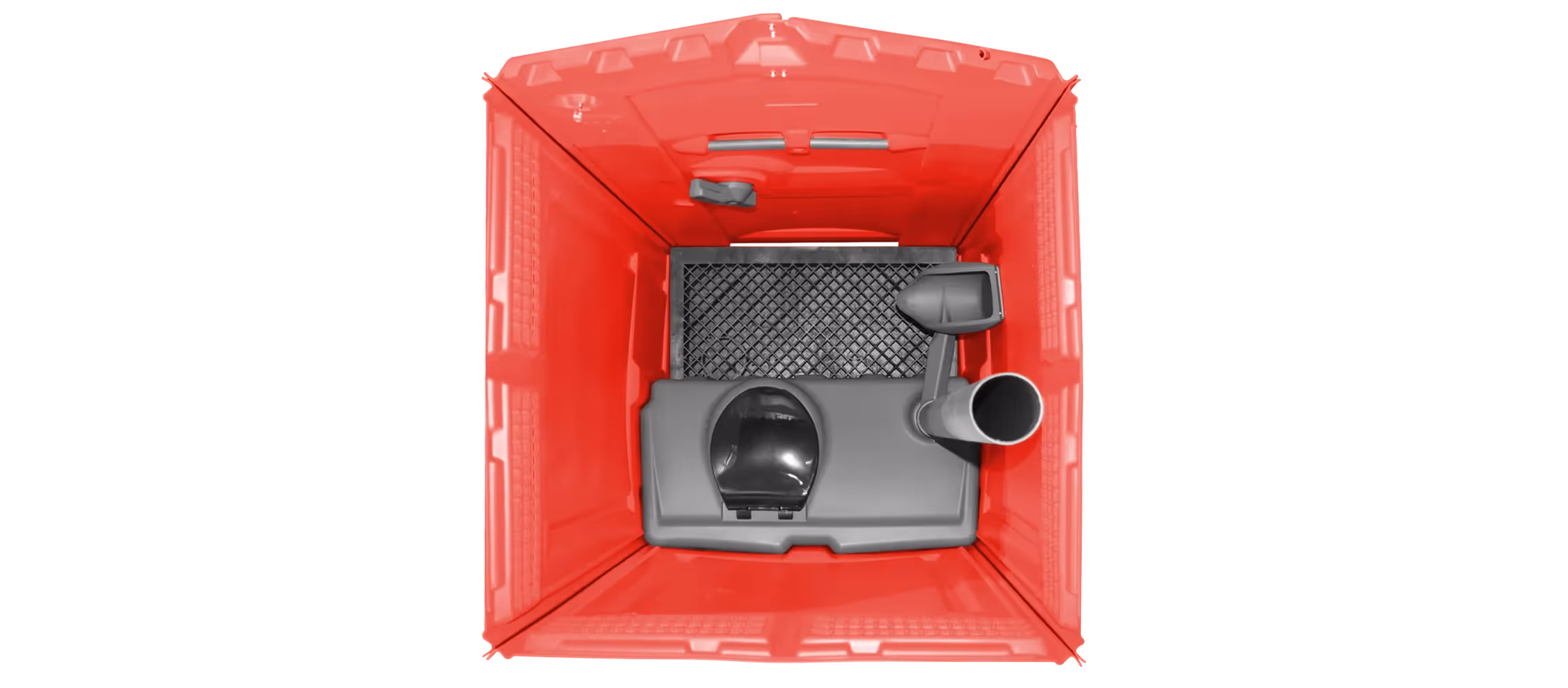 Red portable toilet viewed from above, featuring a black interior with ventilation and a waste pipe.