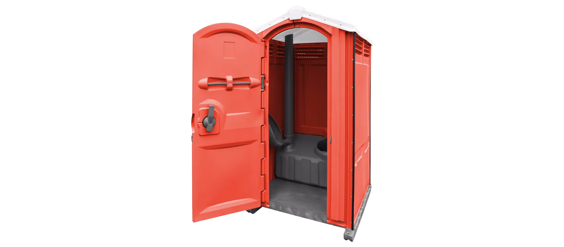 A red portable toilet with an open door, featuring a gray interior and roof.