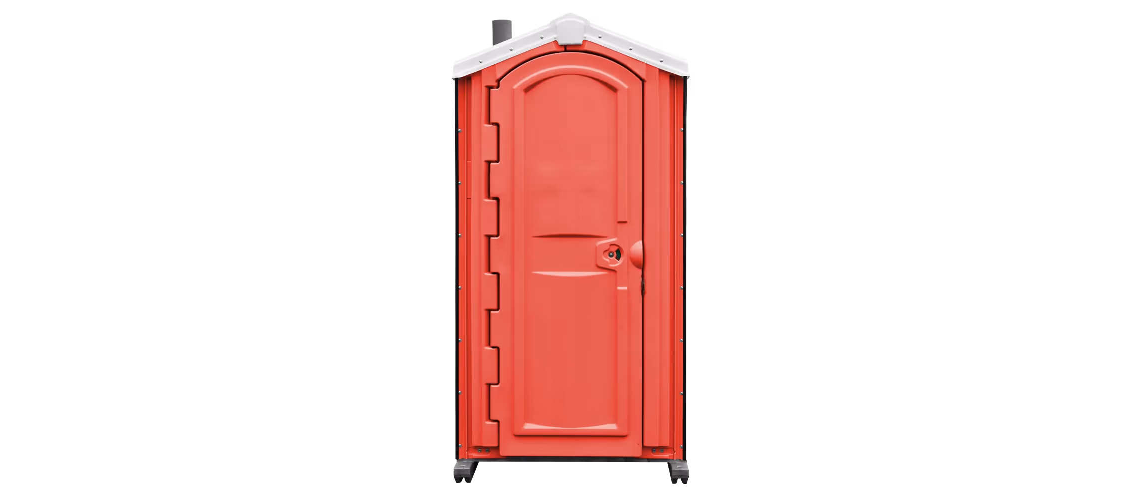A red portable restroom with a peaked roof and door handle.