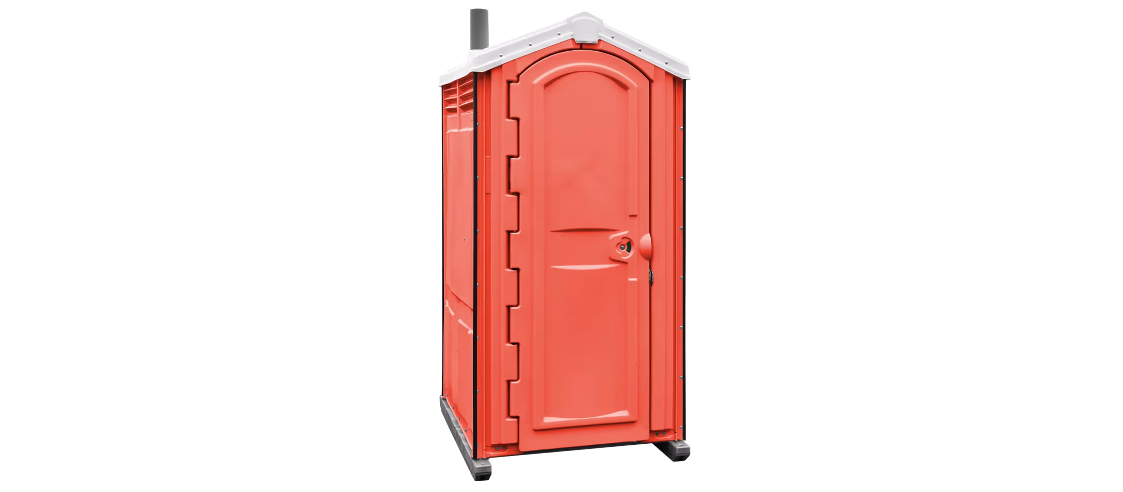 Red portable restroom with a door and ventilation at the top, set against a black background.