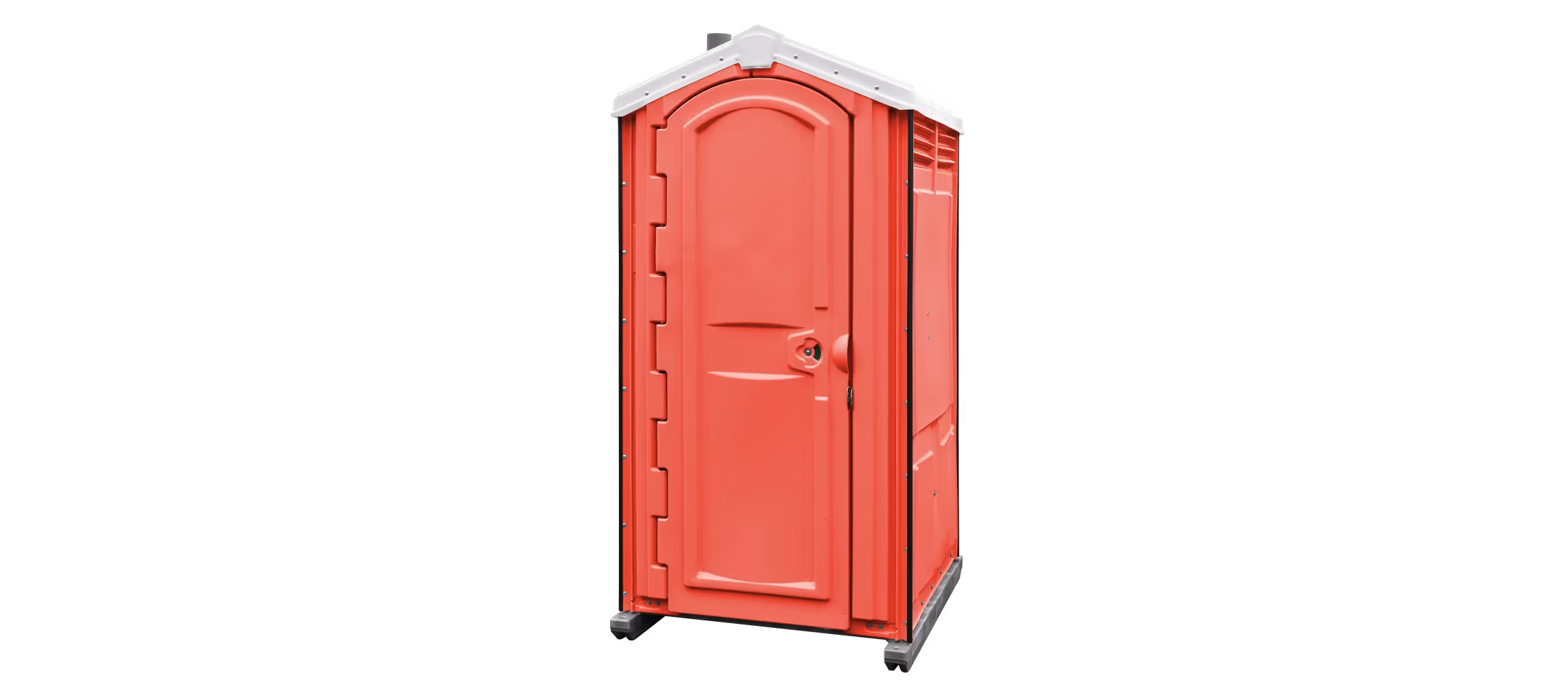 Red portable toilet with a sloped roof and a single door, mounted on wheels.