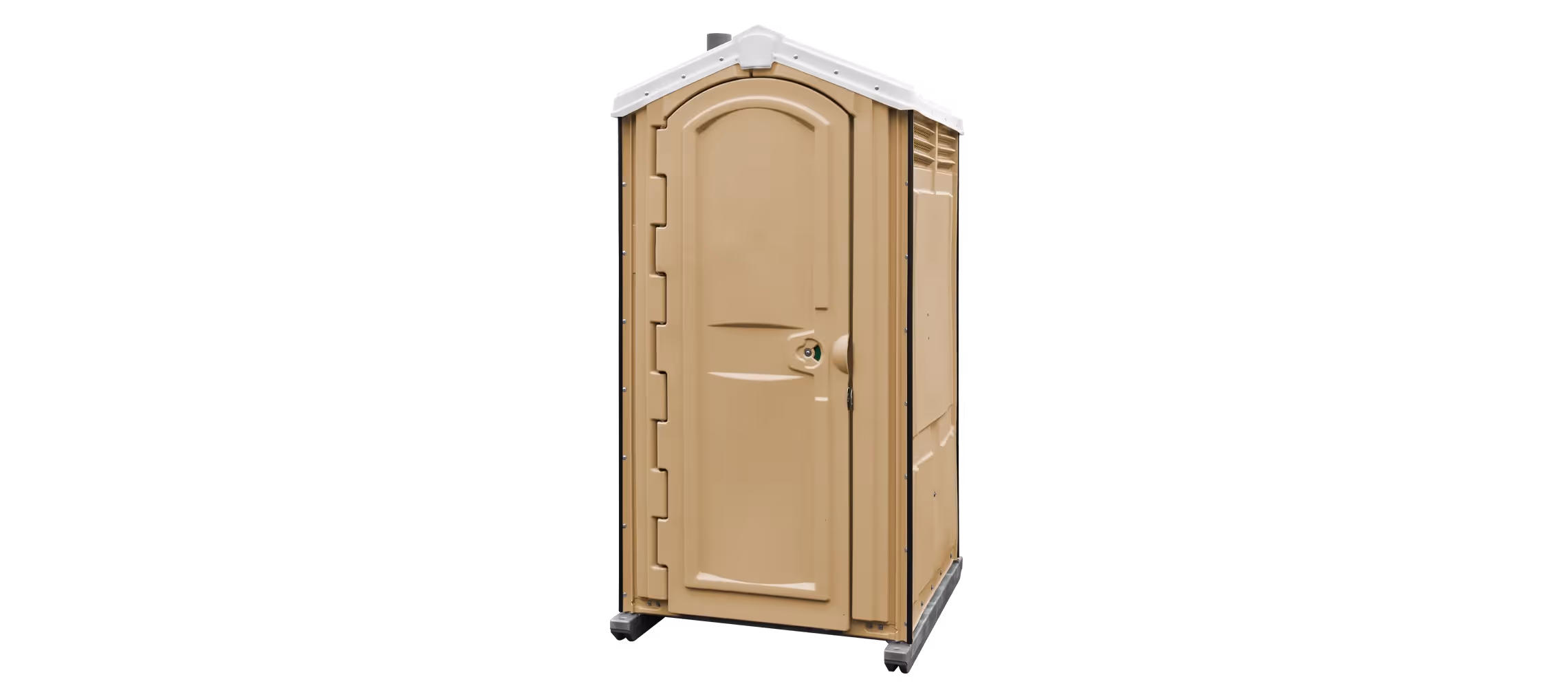 A portable tan restroom with a door and a sloped roof on wheels.