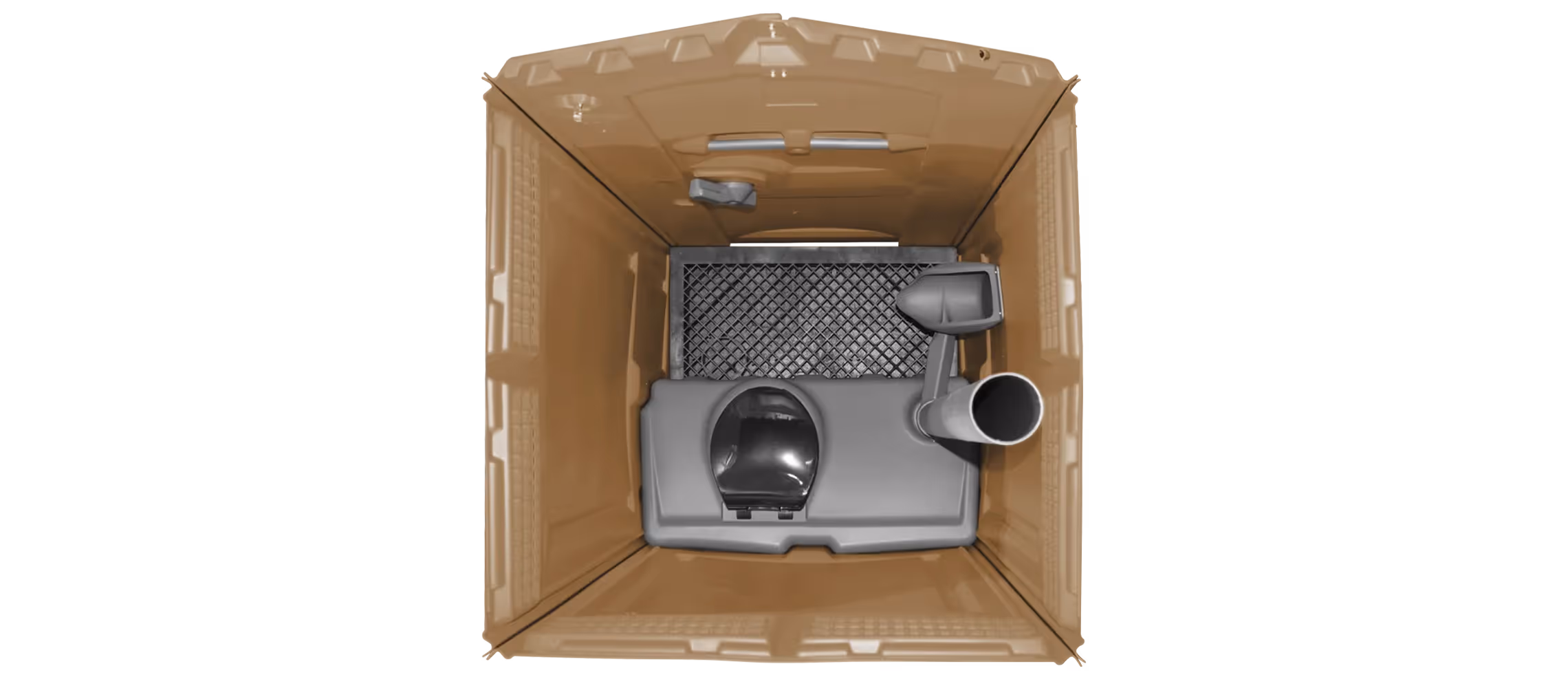 Top view of a portable toilet interior, featuring a toilet seat and waste drainage pipe.