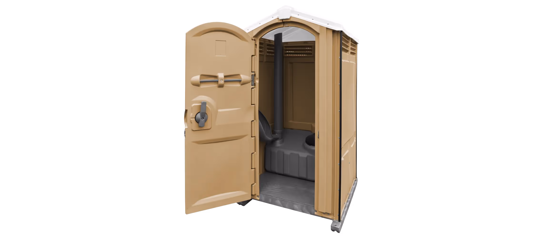 Portable toilet with an open door, featuring a tan exterior and a gray interior.