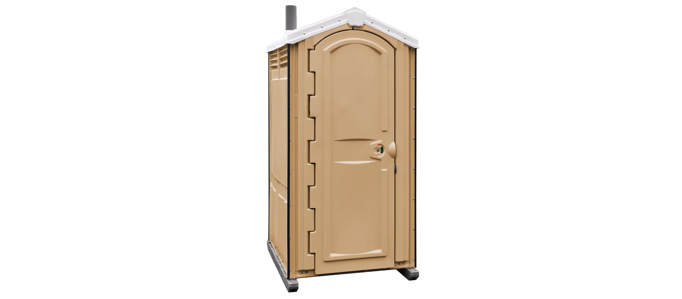 Portable restroom with a beige exterior and a single door, set against a black background.