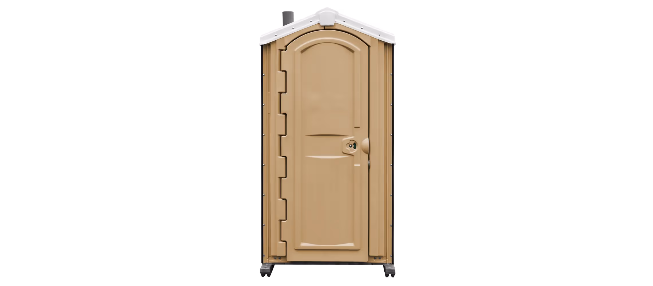 A tan portable toilet with a curved roof and a front door, set against a black background.