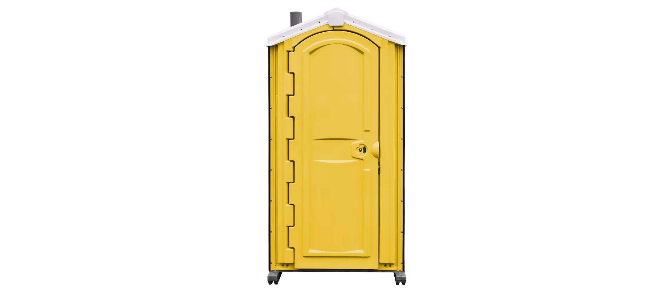 A bright yellow portable toilet with a peaked roof and a single door.