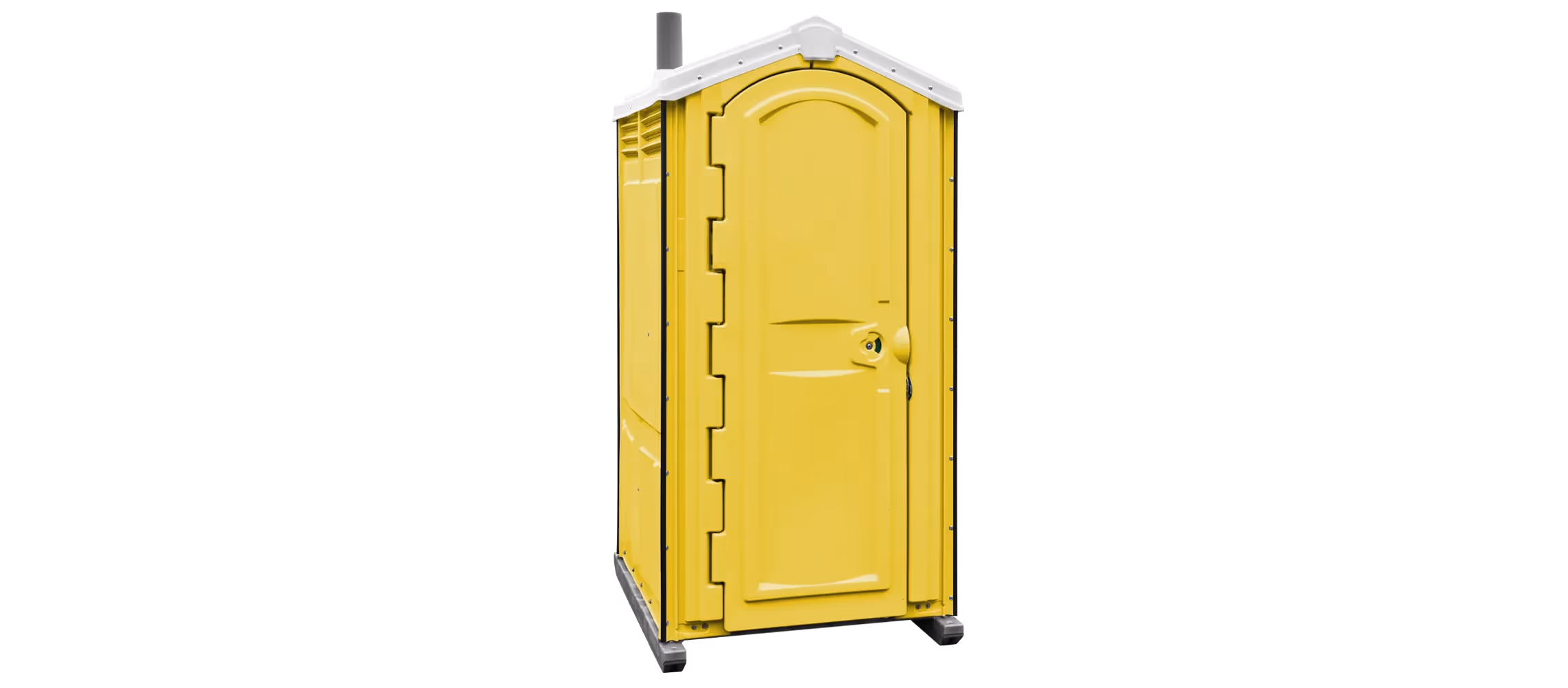 Yellow portable toilet with a slanted roof and a front door, on wheels for mobility.