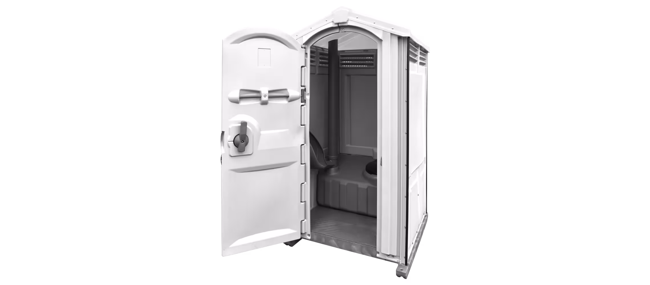 Portable toilet with an open door, featuring a white exterior and a basic interior design.
