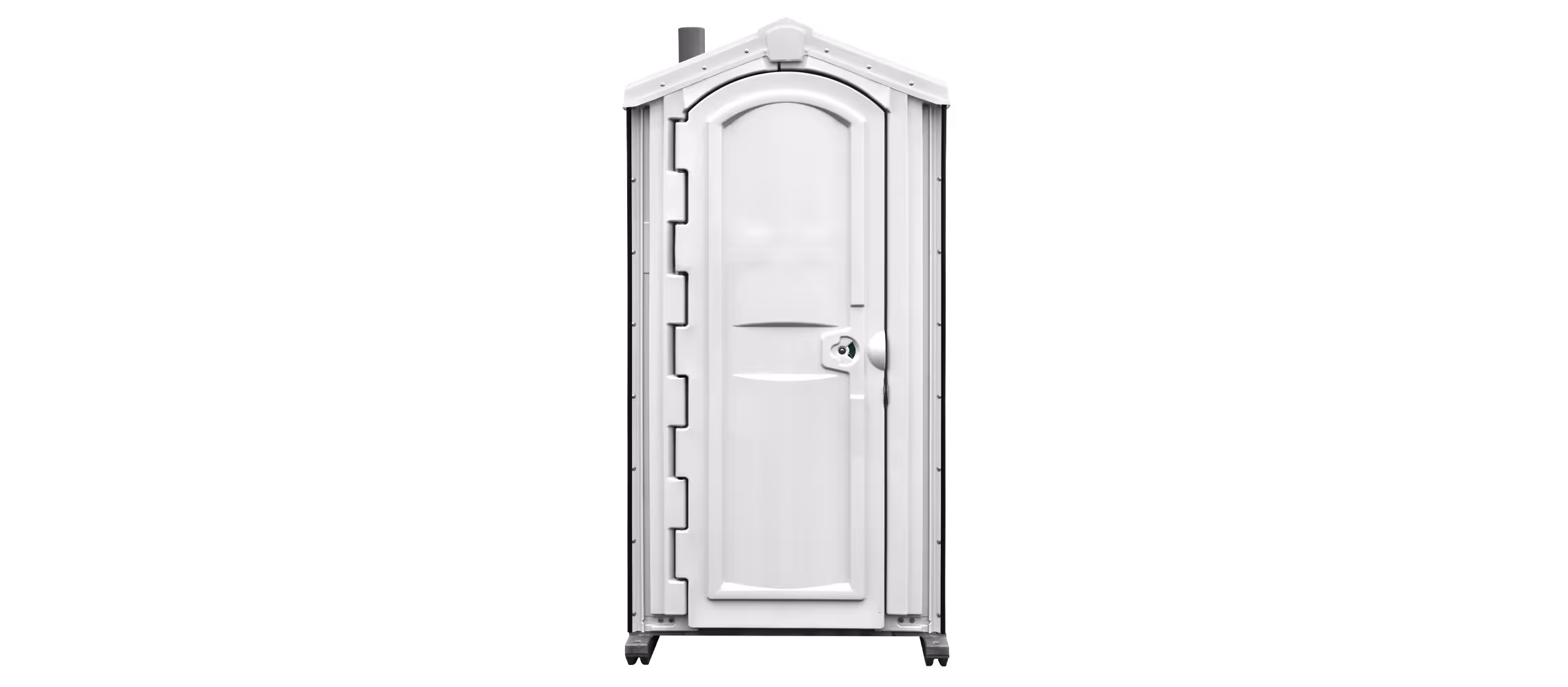 A white portable restroom with a curved door and a locking mechanism.