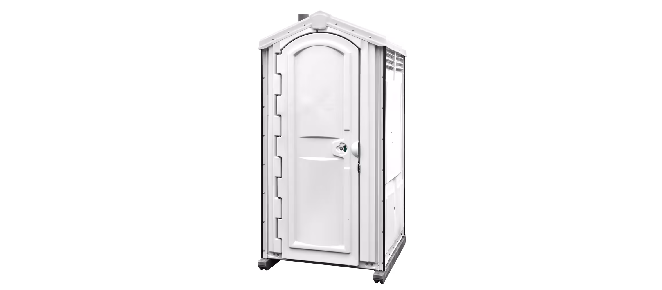 A white portable toilet with a curved door and a roof, mounted on wheels.