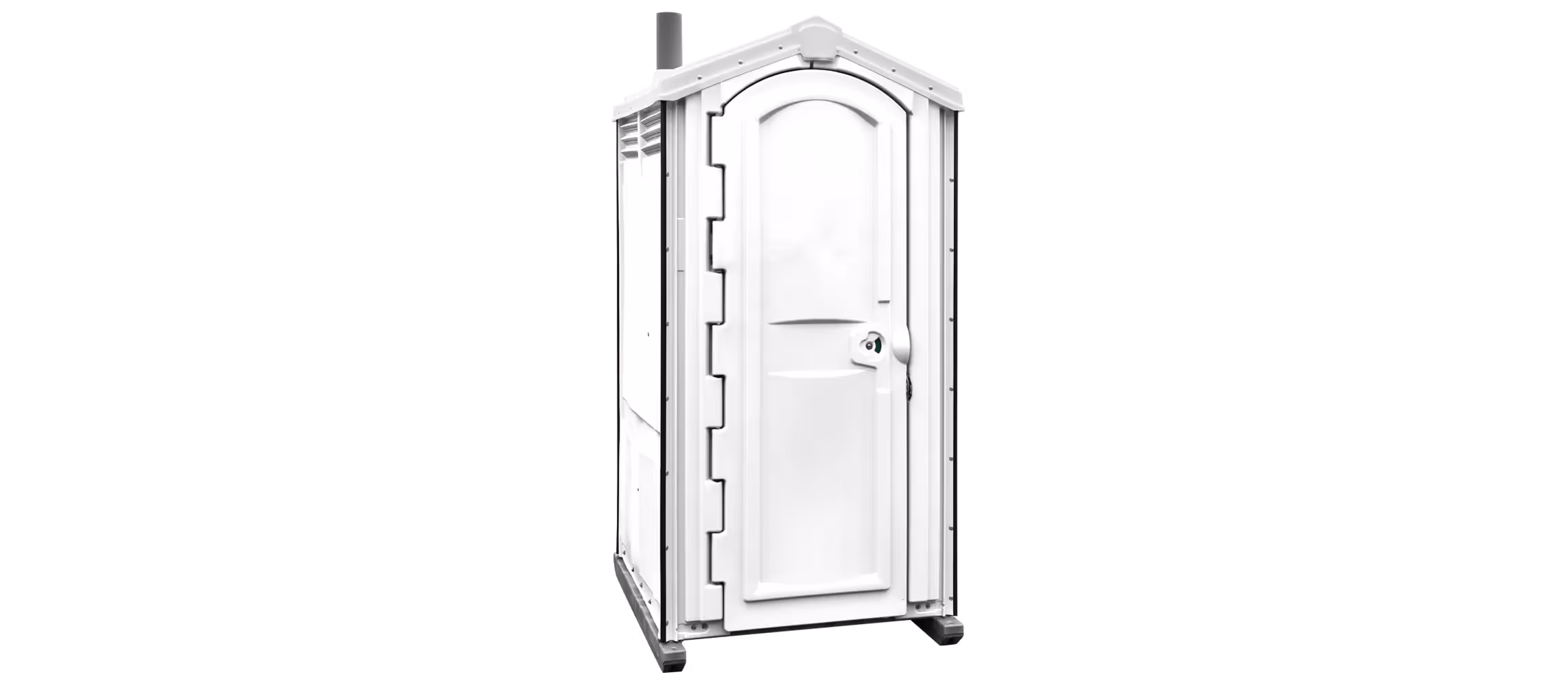 Portable white restroom with a curved roof and a side vent, mounted on wheels for mobility.