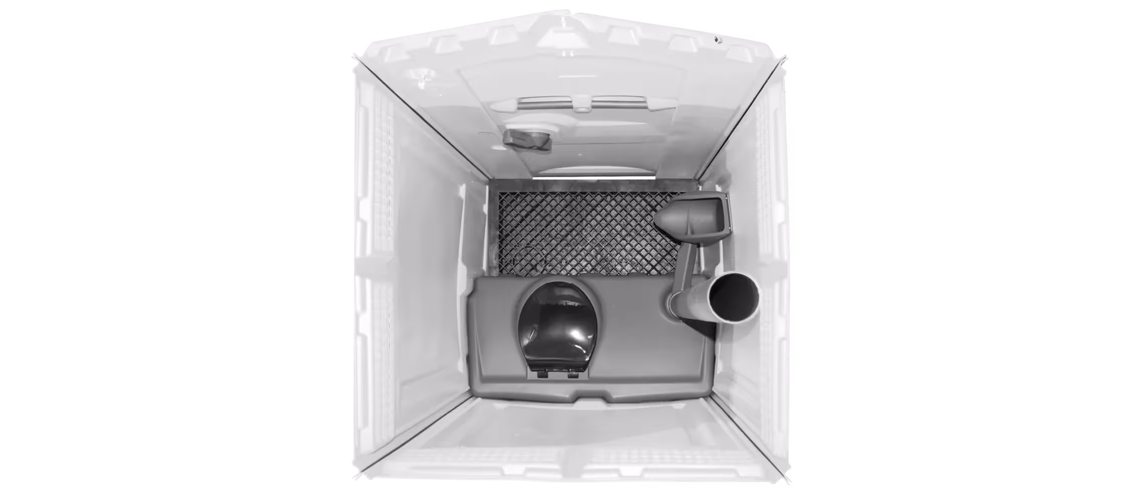 Interior view of a portable toilet, featuring a seat, tank, and waste pipe in a compact space.