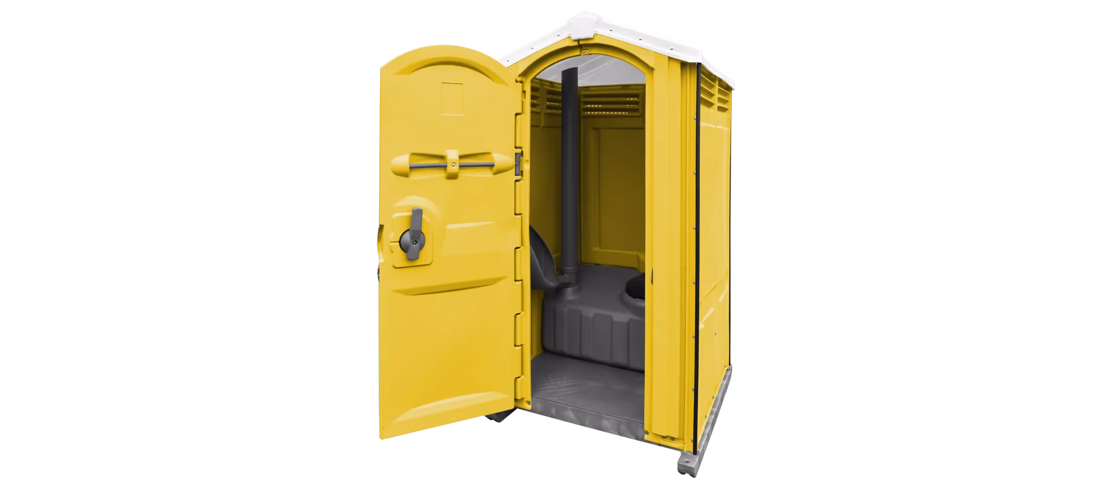 Yellow portable toilet with an open door, showing interior and locking mechanism.