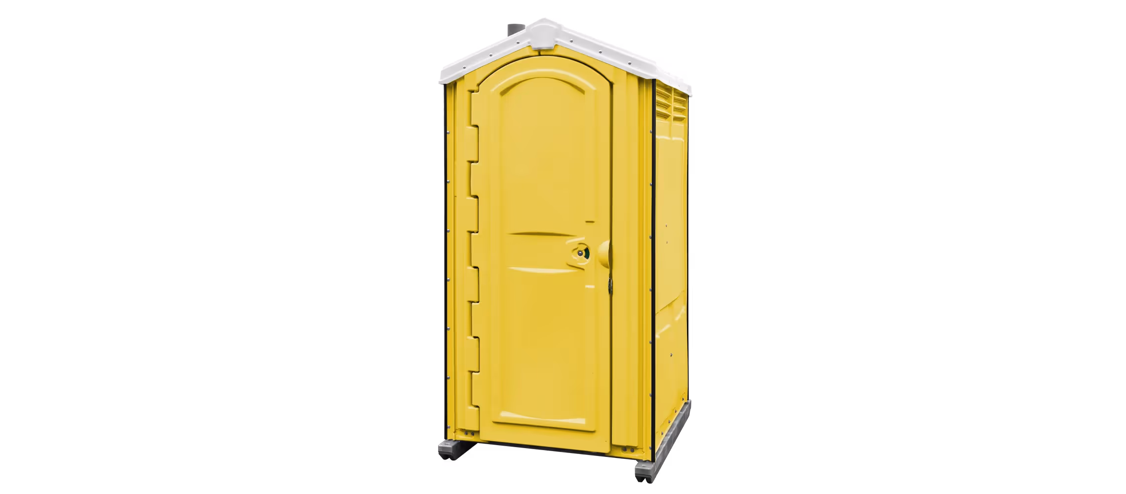 Bright yellow portable toilet with a door and roof, mounted on wheels for mobility.