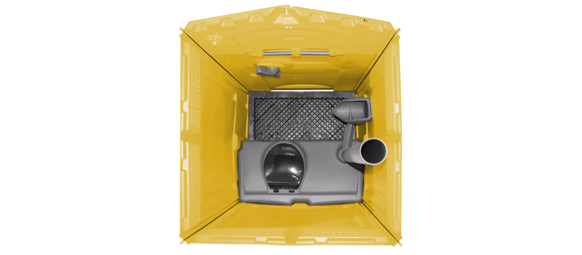 Yellow portable toilet viewed from above, featuring a black seat and various interior components.