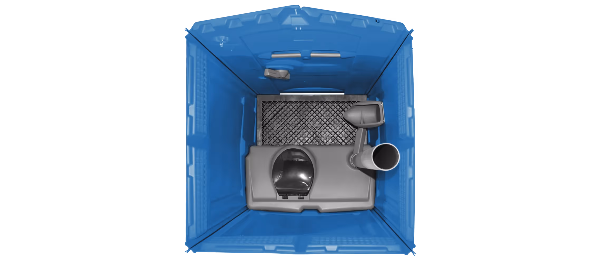 Inside view of a blue portable toilet, featuring a black toilet seat and waste pipe.