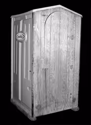 Old wooden outdoor portable toilet with a metal door handle and side ventilation.