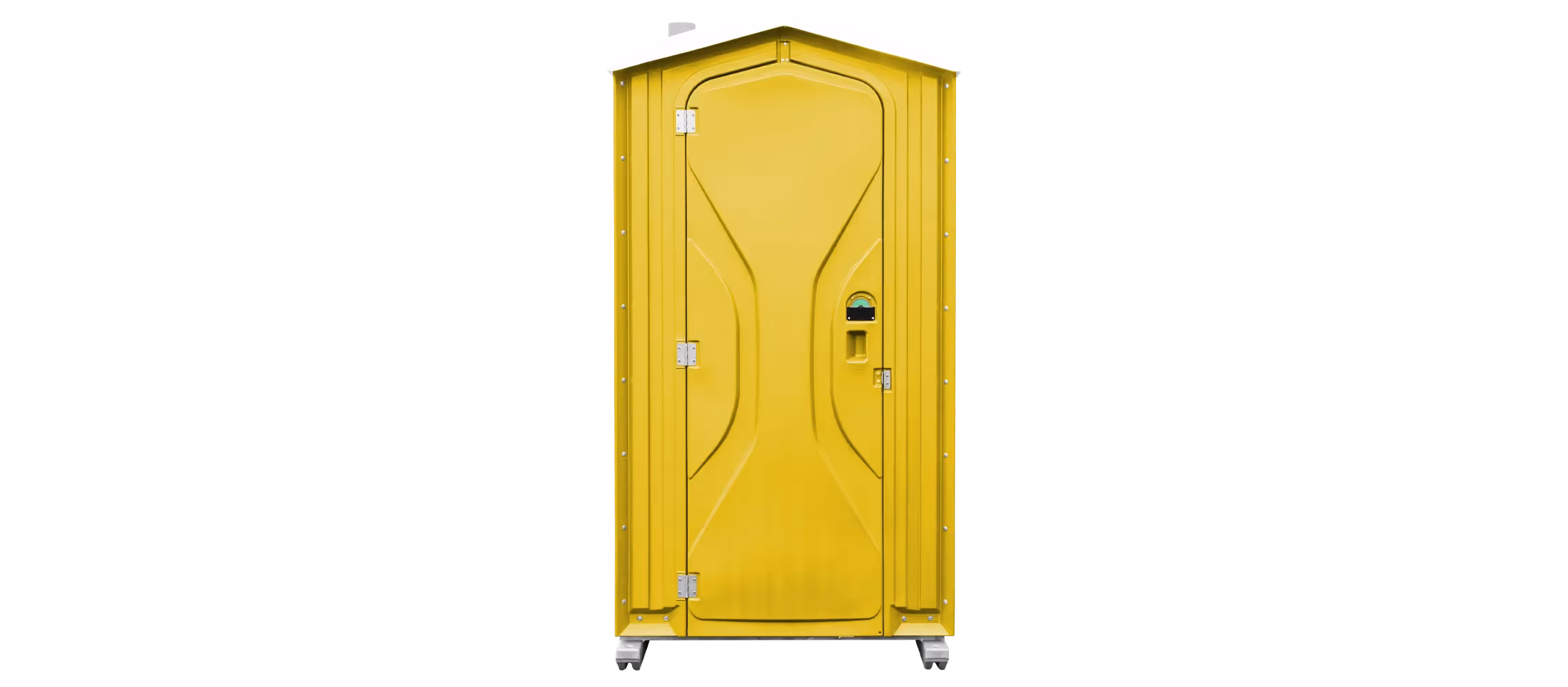 Yellow portable toilet with a single door and a locking mechanism.