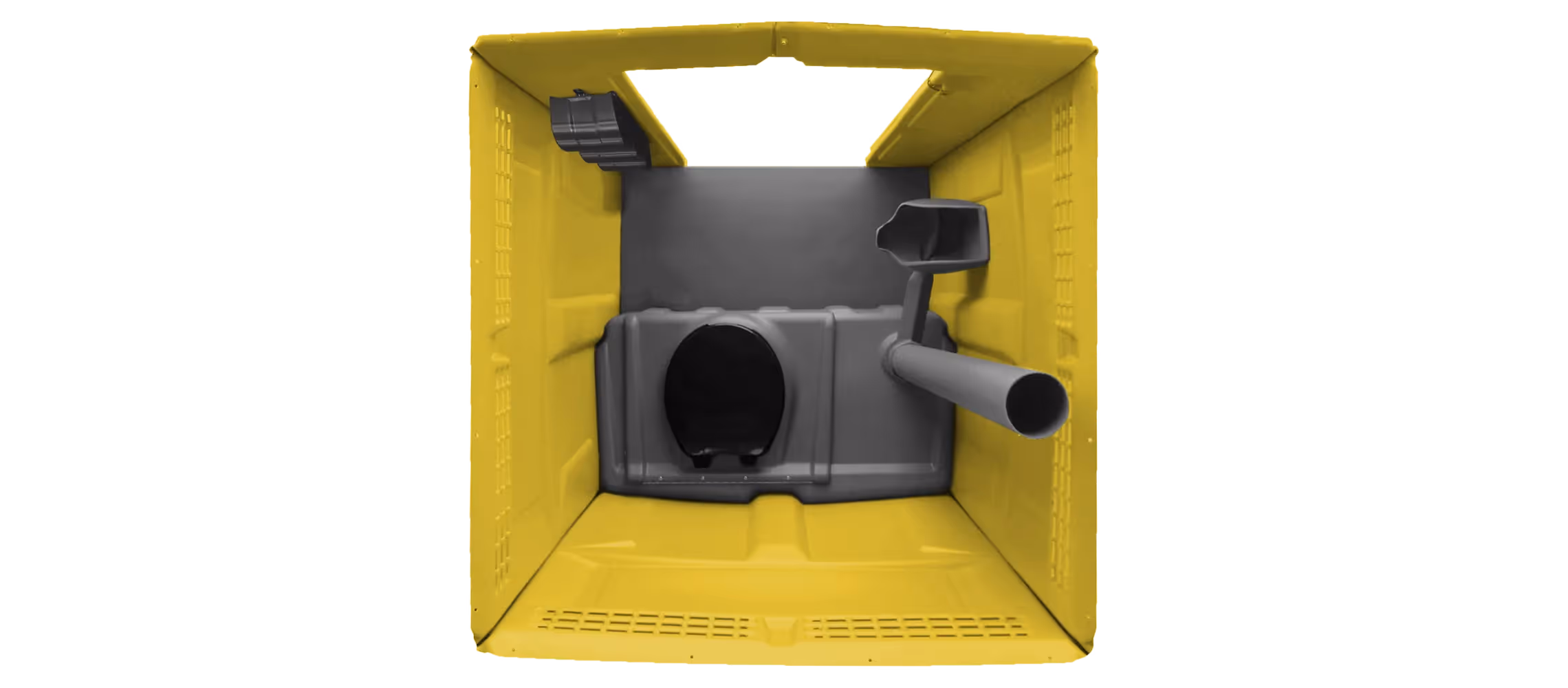 Inside view of a yellow plastic storage container with gray interior features and drainage pipe.