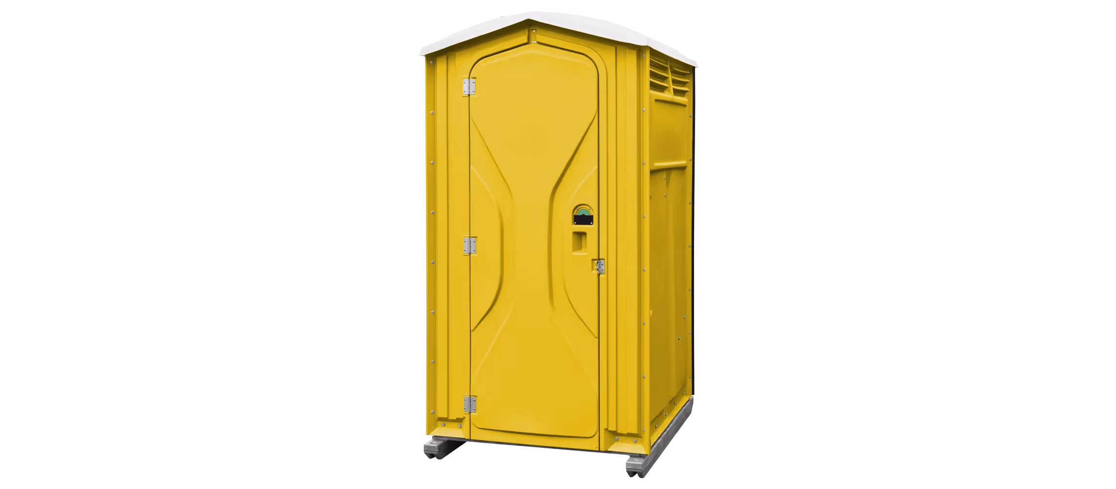 Yellow portable toilet with a flat roof and ventilation grates on top, standing on a flat surface.