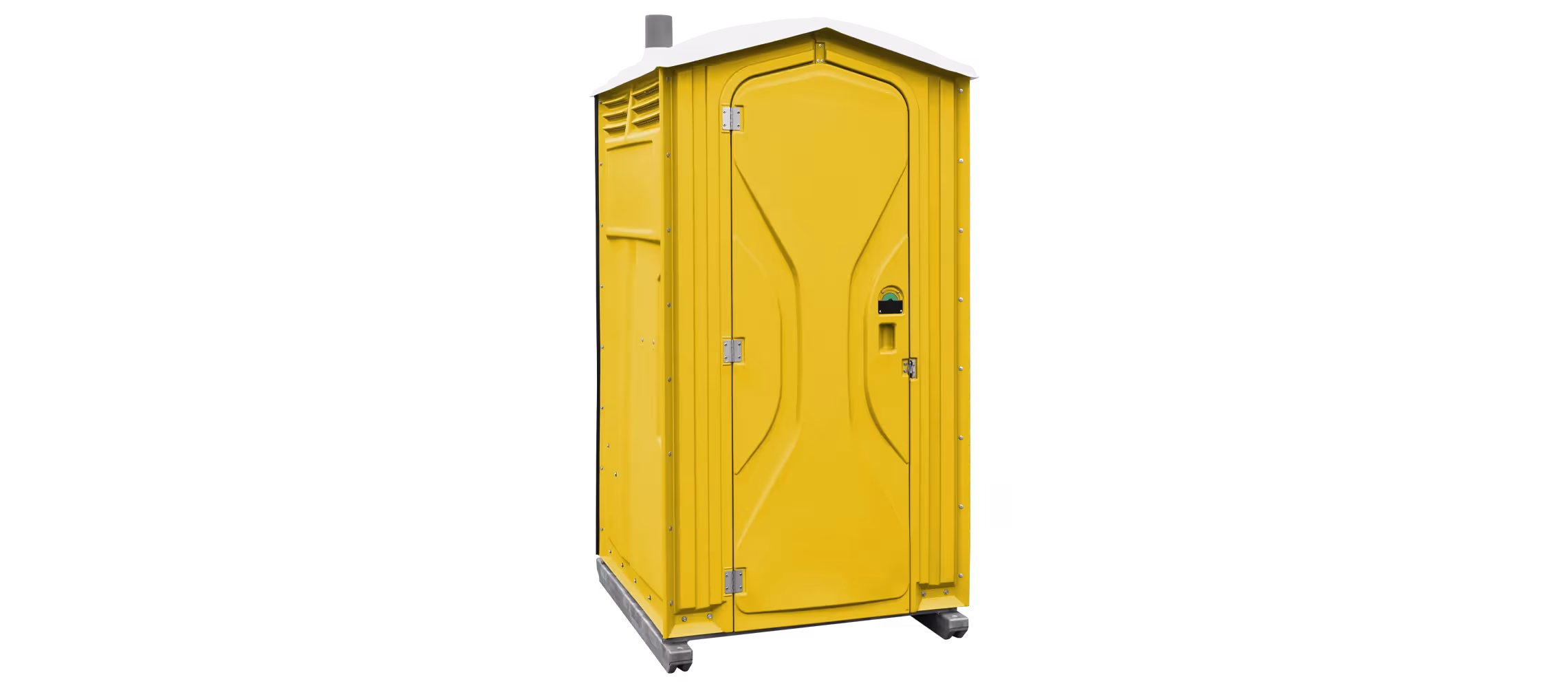 Yellow portable toilet with a sloped roof and door handle, set against a black background.