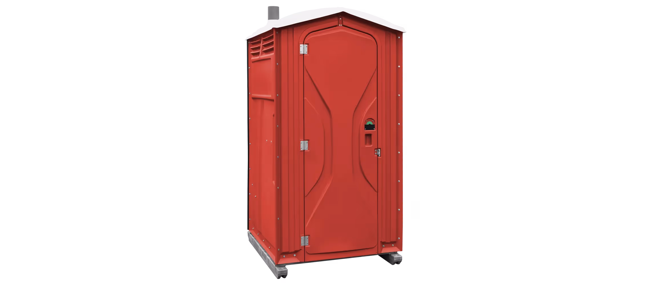 Portable red restroom with a peaked roof and locking door, set against a black background.