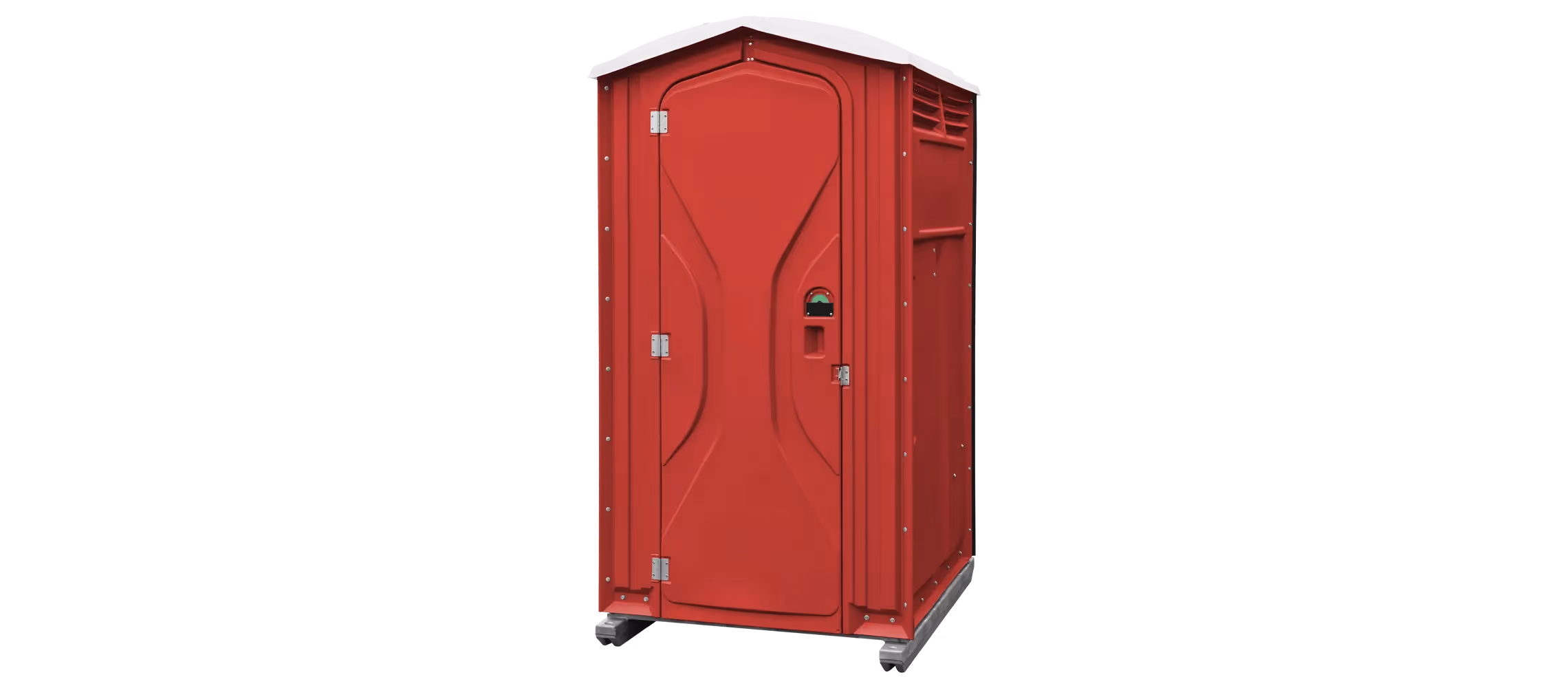 Red portable toilet with a sloped roof and ventilation, mounted on silver base plates.