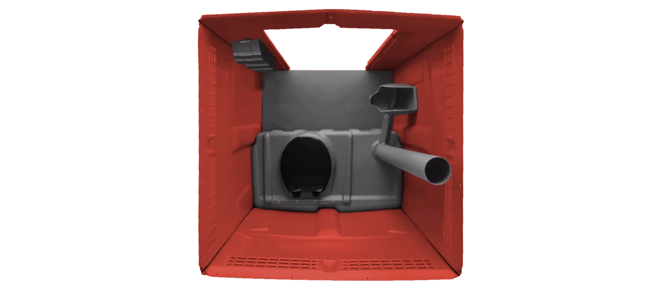 Interior view of a red Tufway portable toilet, featuring a black toilet seat and a ventilation pipe.