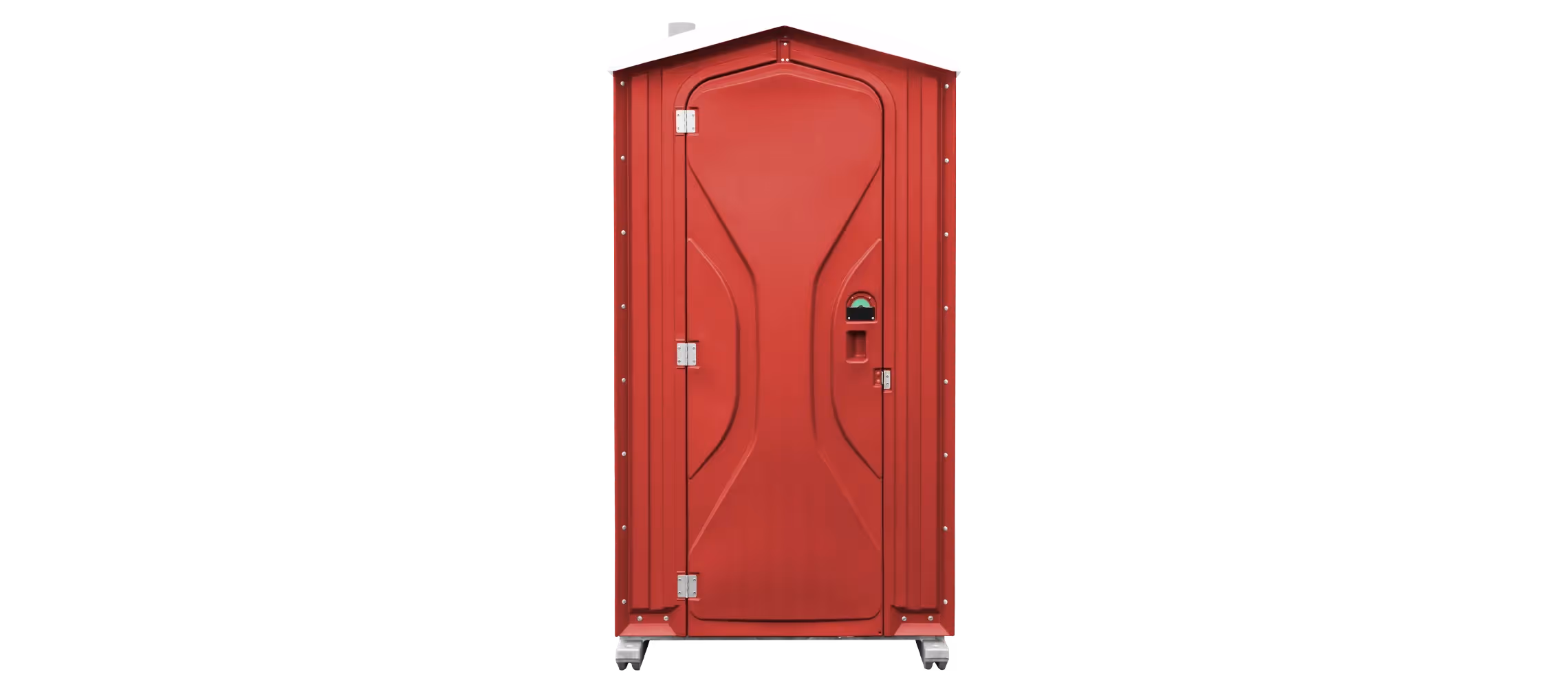 Red portable toilet with a curved roof and locking door, designed for outdoor use.