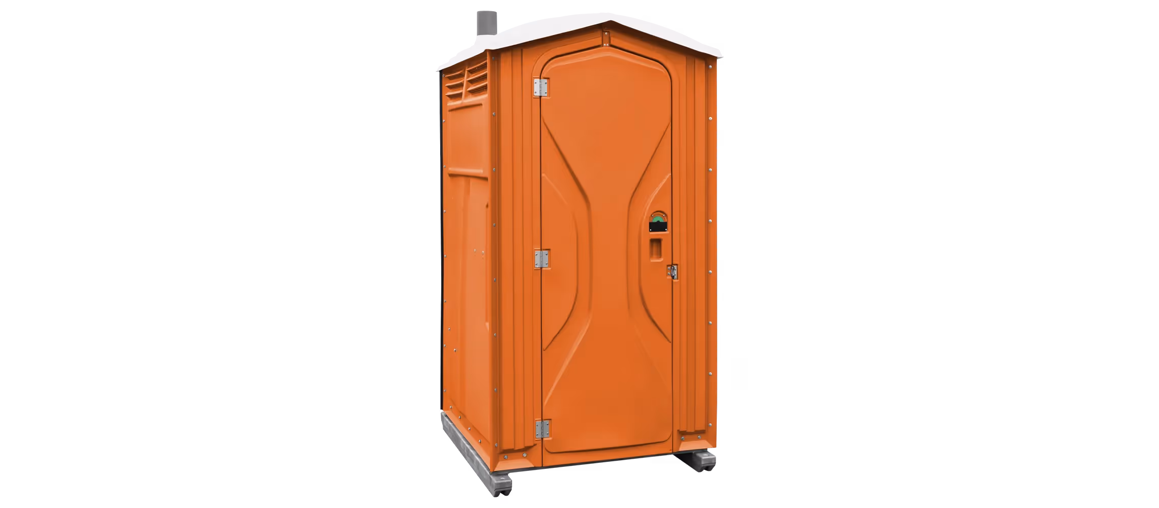 Orange portable restroom with a single door and a white roof, set on wheels.