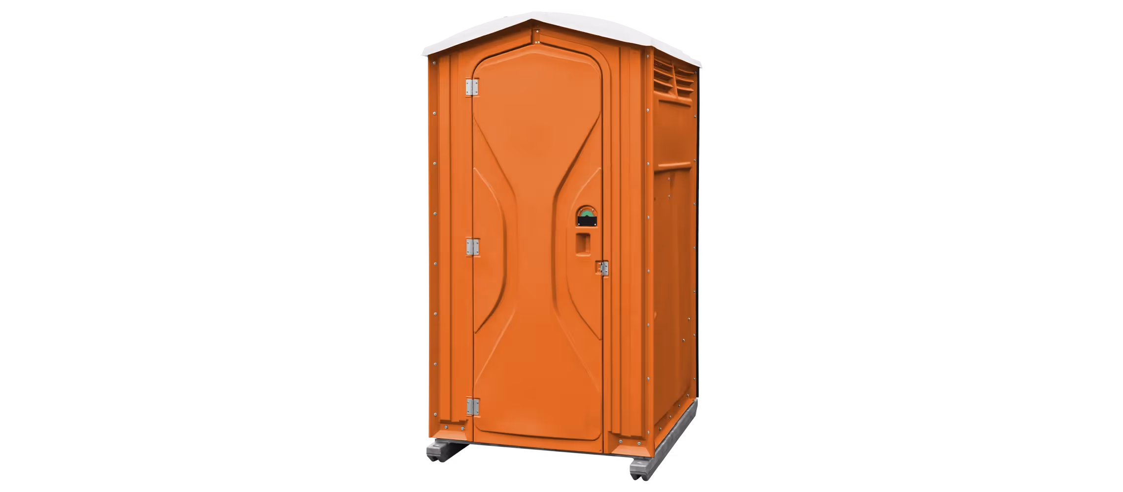 Orange portable toilet with a slanted roof and a clean design, positioned on a black background.