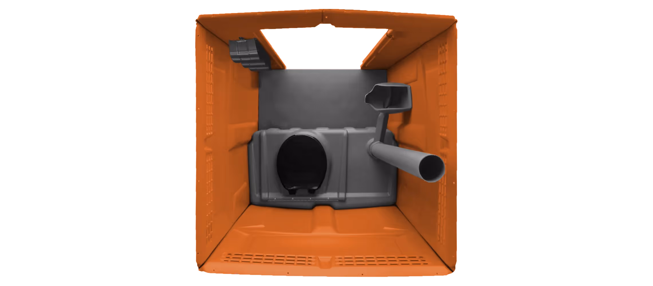 Orange Tufway product interior view with a round opening, a pipe, and stairs on the side.