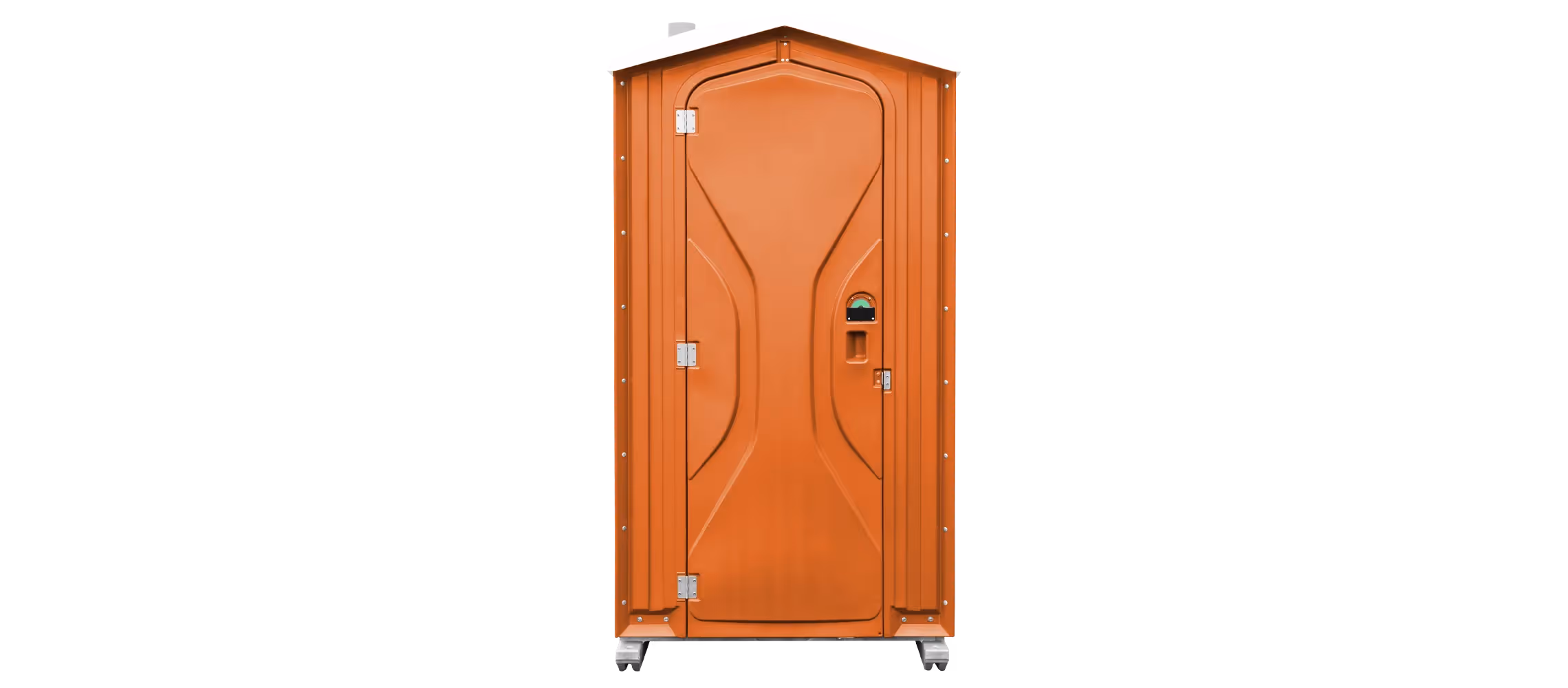 Orange portable toilet with a smooth exterior and a single door, standing on wheels.