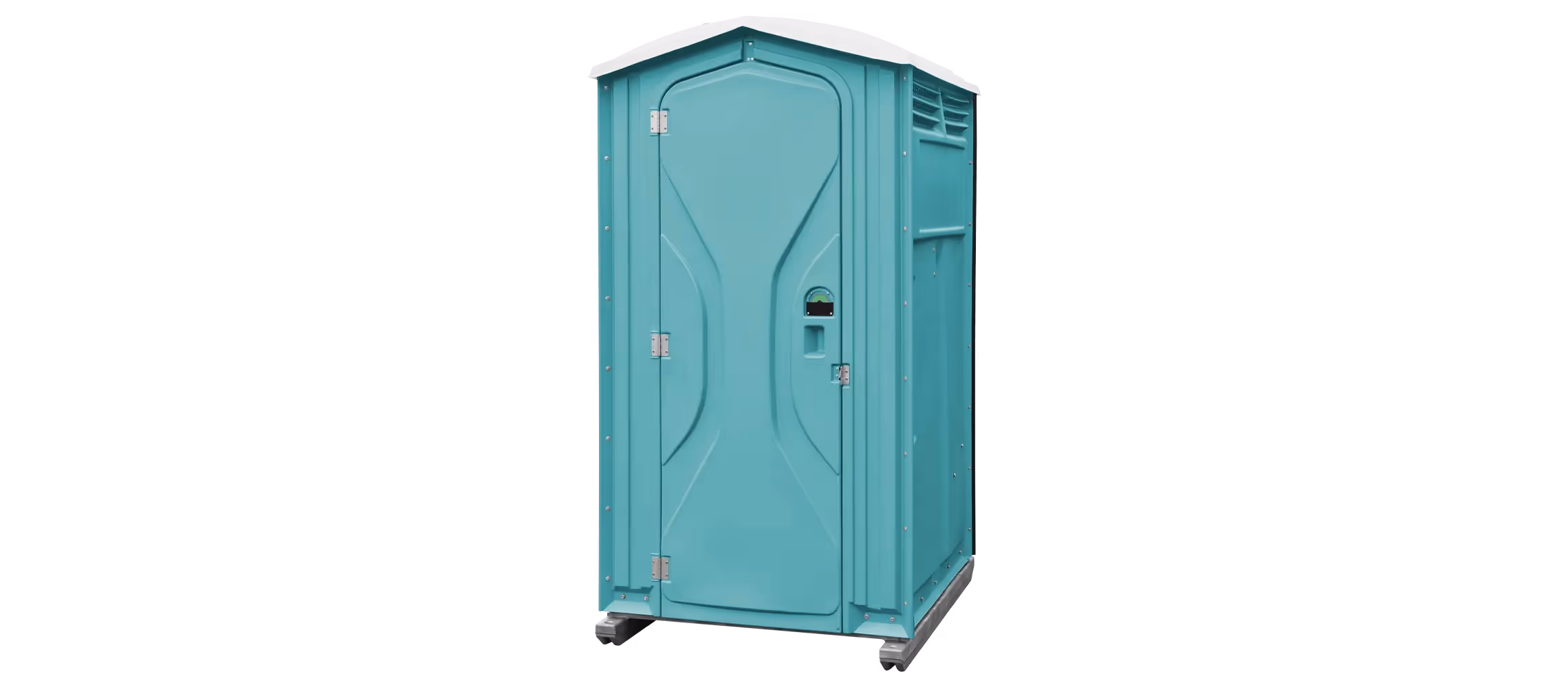 A teal portable restroom with a sloped roof and ventilation features.