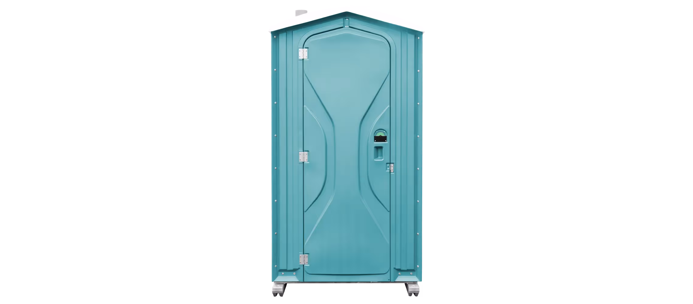 A teal portable toilet with a rounded roof and rounded edges.