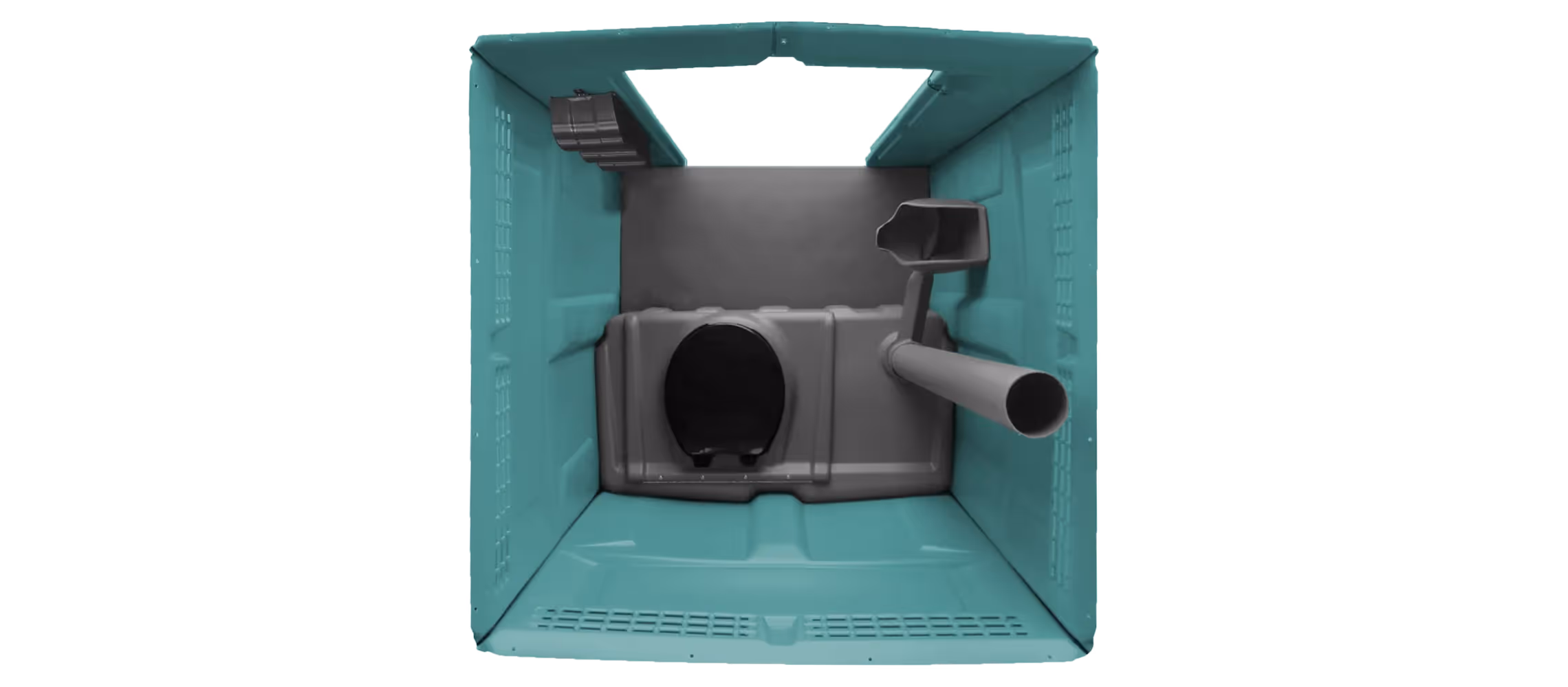 Interior view of a teal portable restroom with a circular toilet and hand sanitizer dispenser.