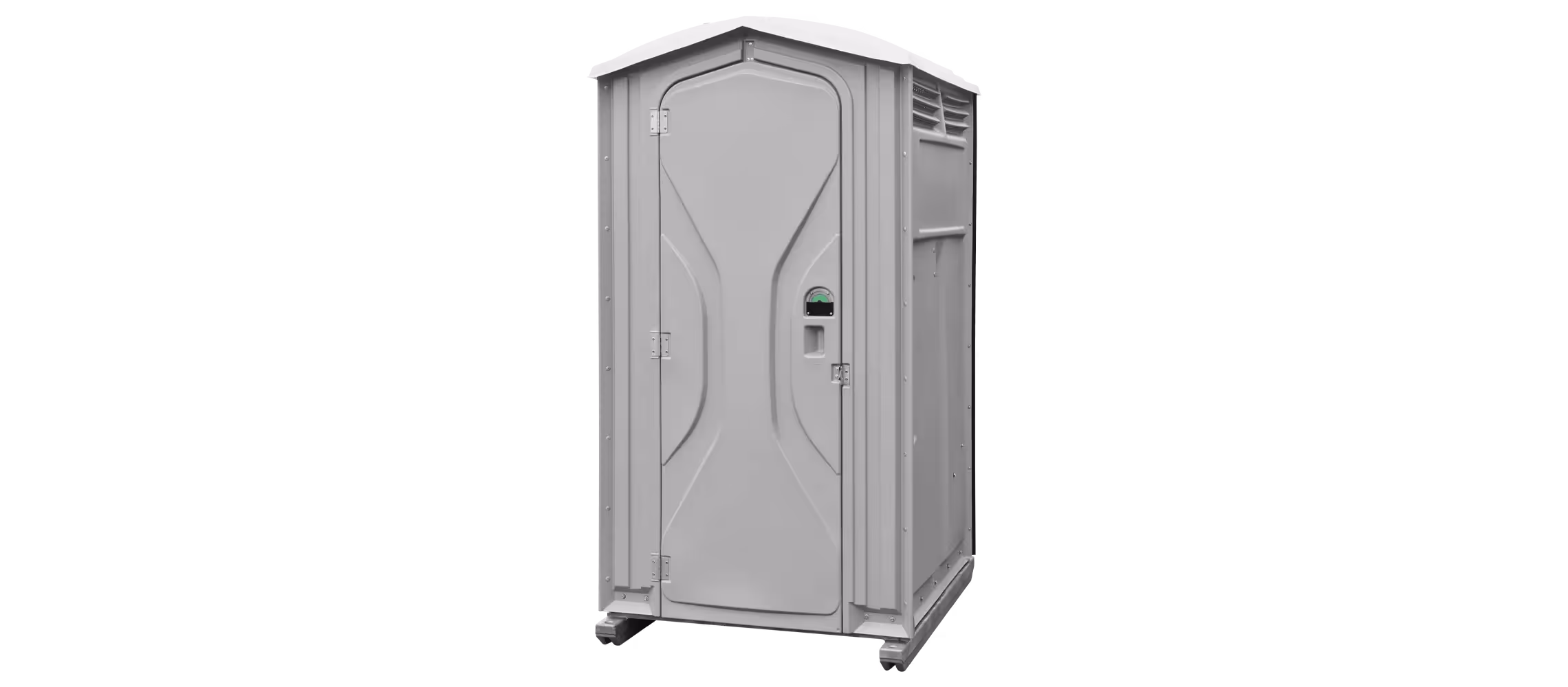 Portable restroom in light gray with a sloped roof and ventilation at the top.