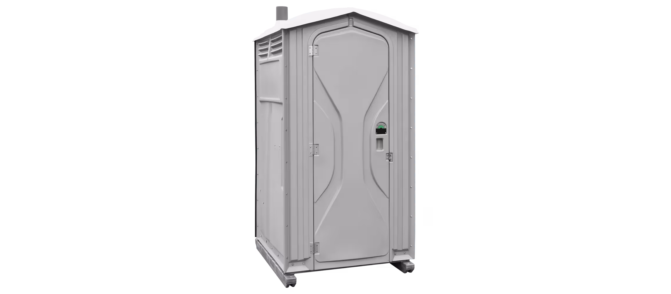 Gray portable toilet with double doors and ventilation, designed for outdoor use.